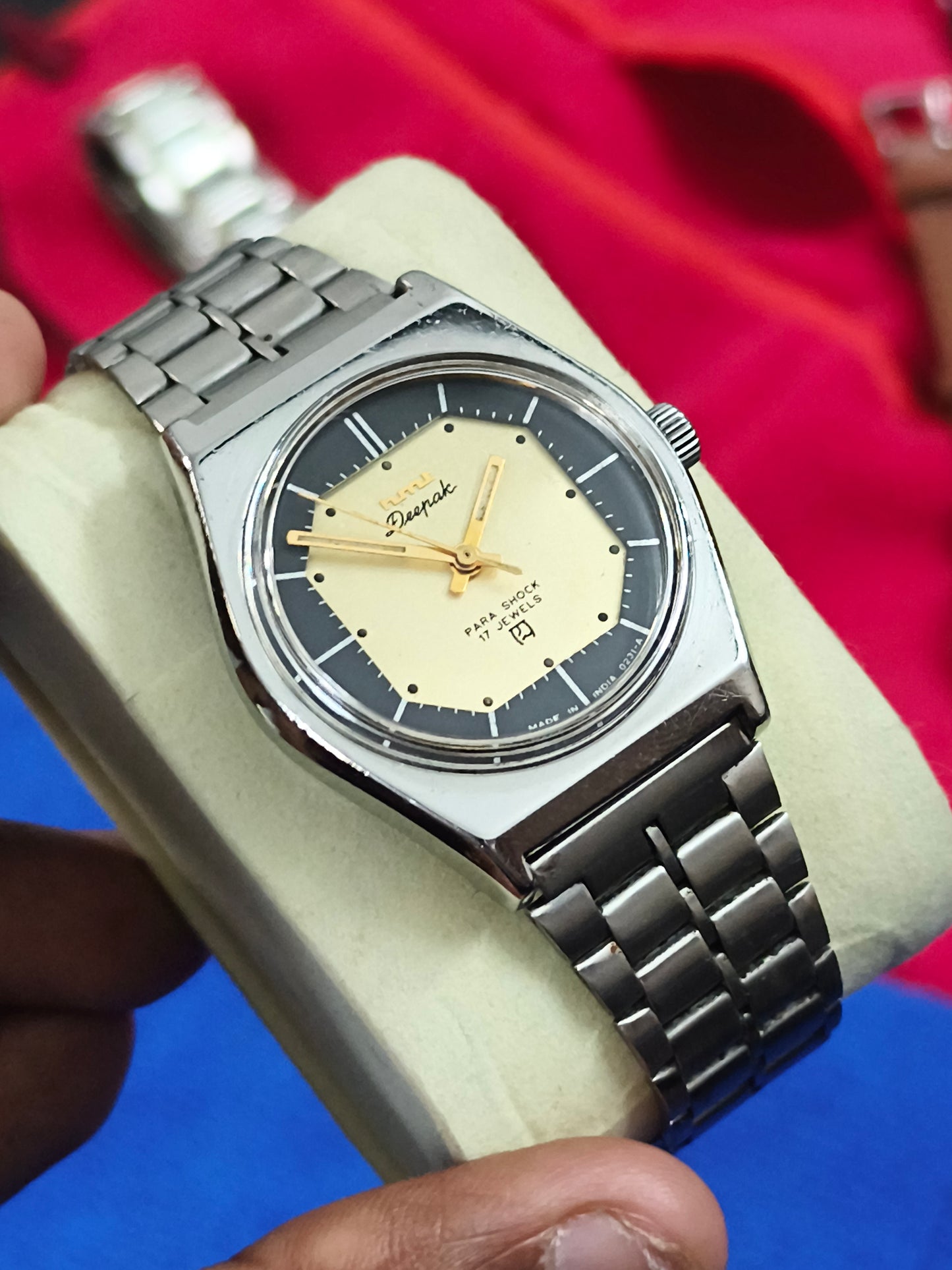HMT Deepak Mechanical Hand-wound Watch with Two Tone Black and Gold Dial