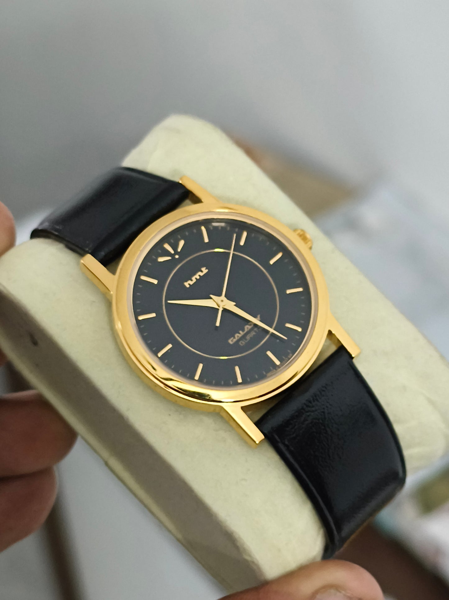 HMT Galaxy Quartz Watch with Gold-toned Case and Black Dial