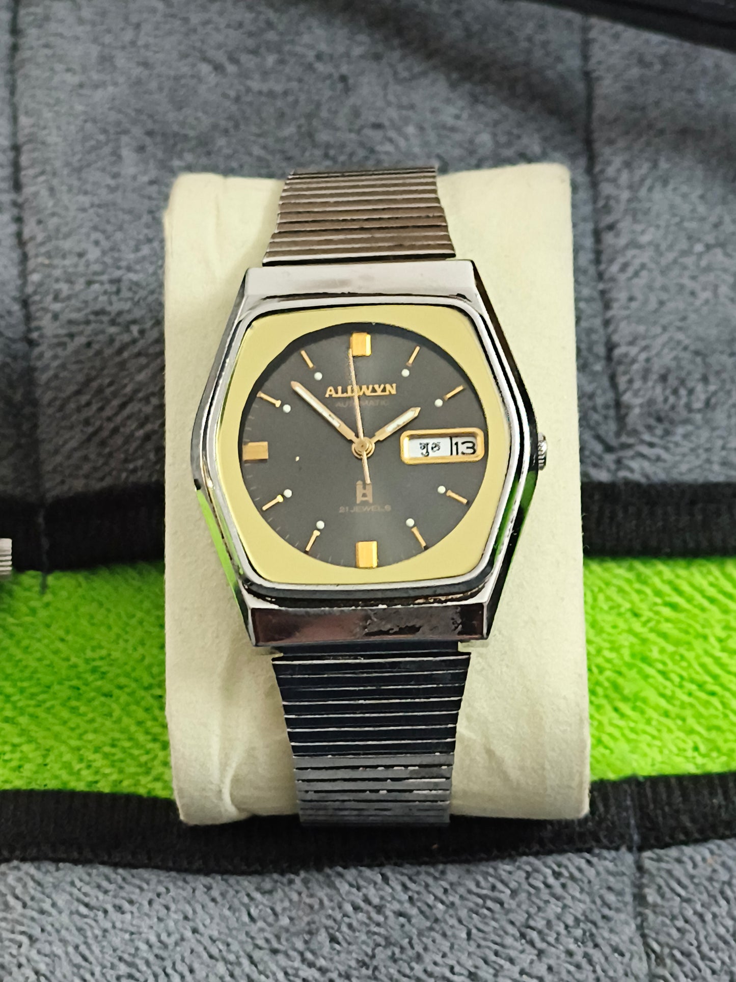 Allwyn Automatic Vintage Day Date Watch with Black Dial and Golden Indexes