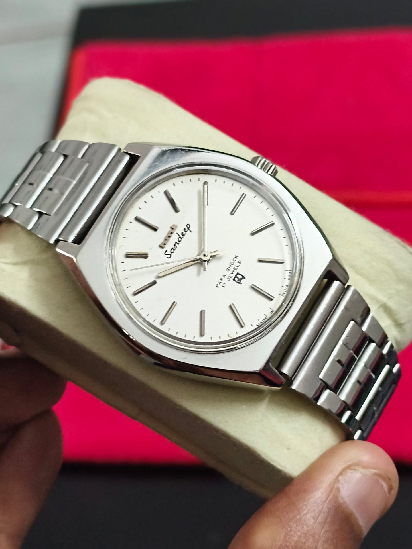 HMT Sandeep Mechanical Watch with White Dial and Steel Indices