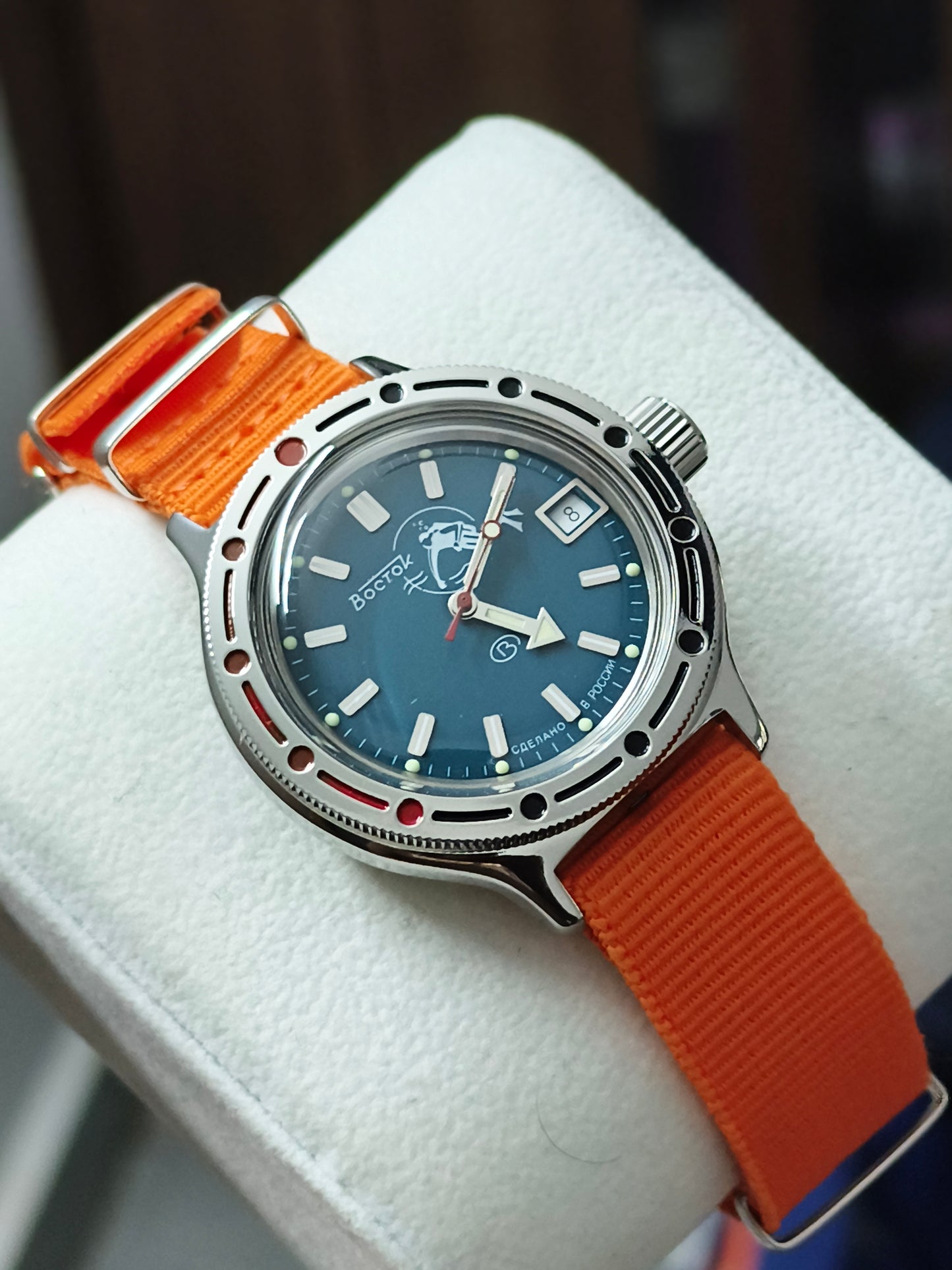 VOSTOK Amphibia 420059 Scuba Dude Automatic Diving Watch with Blue Dial and Orange Strap