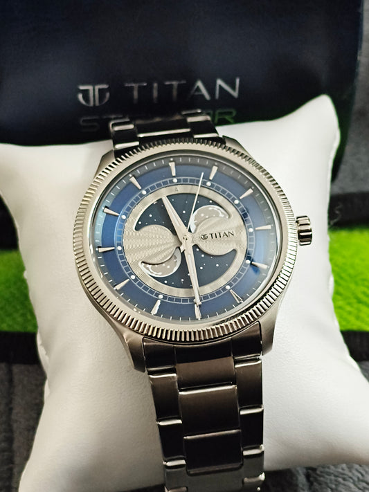 Titan Stellar Dual Moon Phase Quartz Watch with a Blue Star-studded Dial