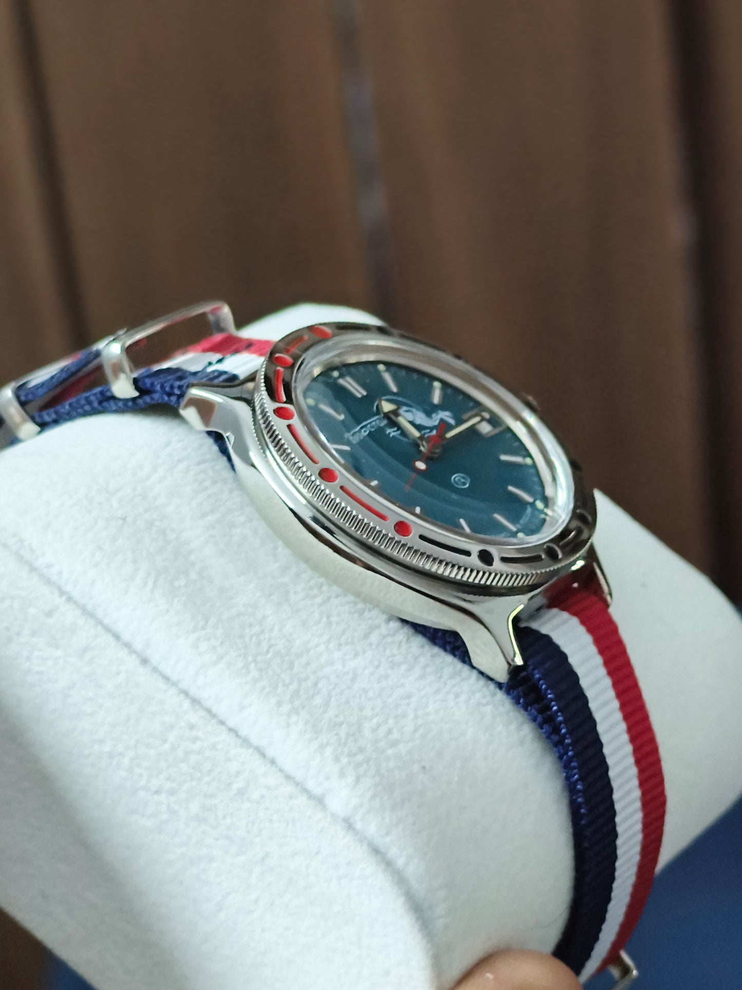 VOSTOK Amphibia 420059 Scuba Dude Automatic Diving Watch with Blue Dial and Tri-color Strap