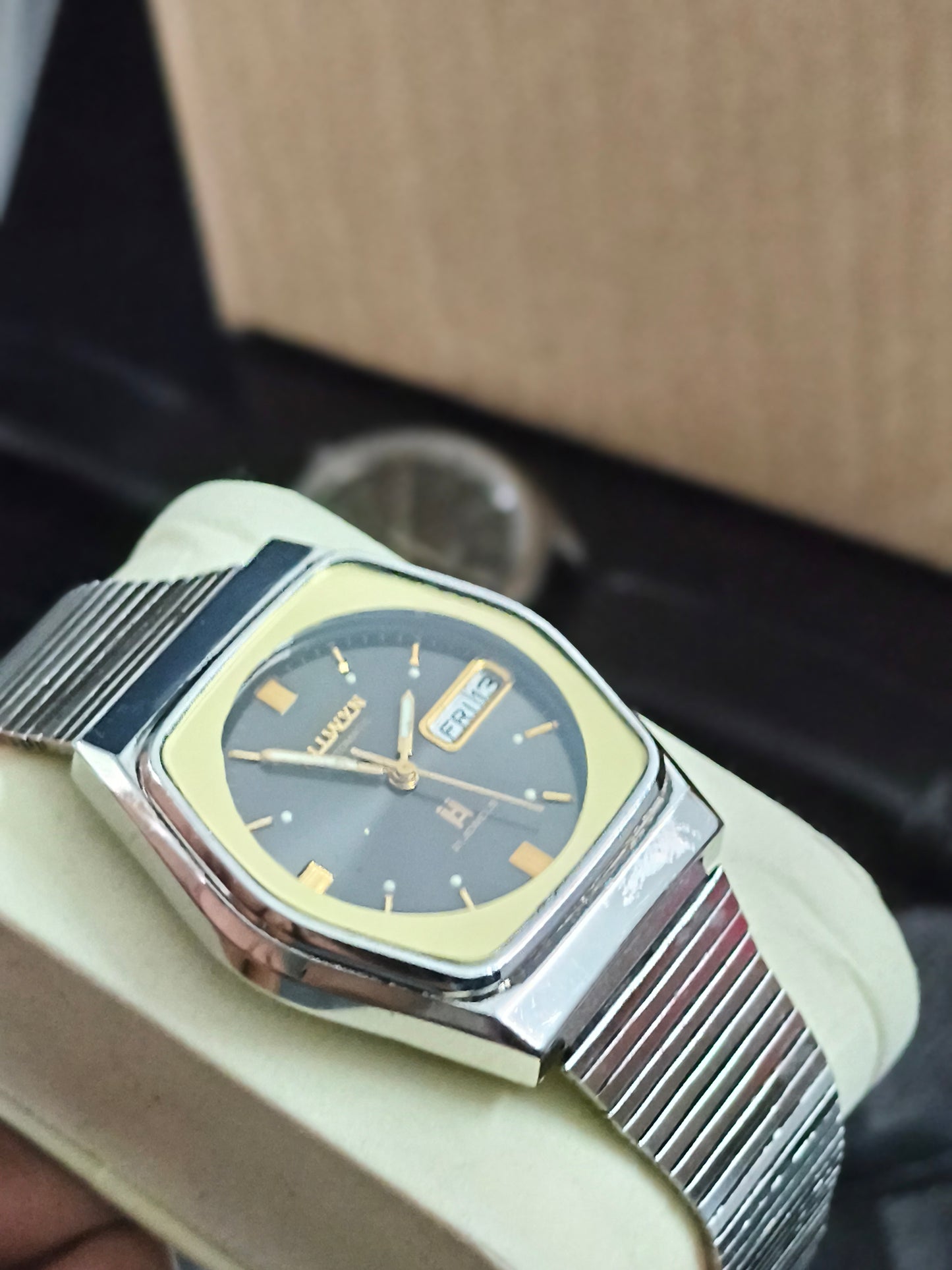 Allwyn Automatic Vintage Day Date Watch with Black Dial and Golden Indexes