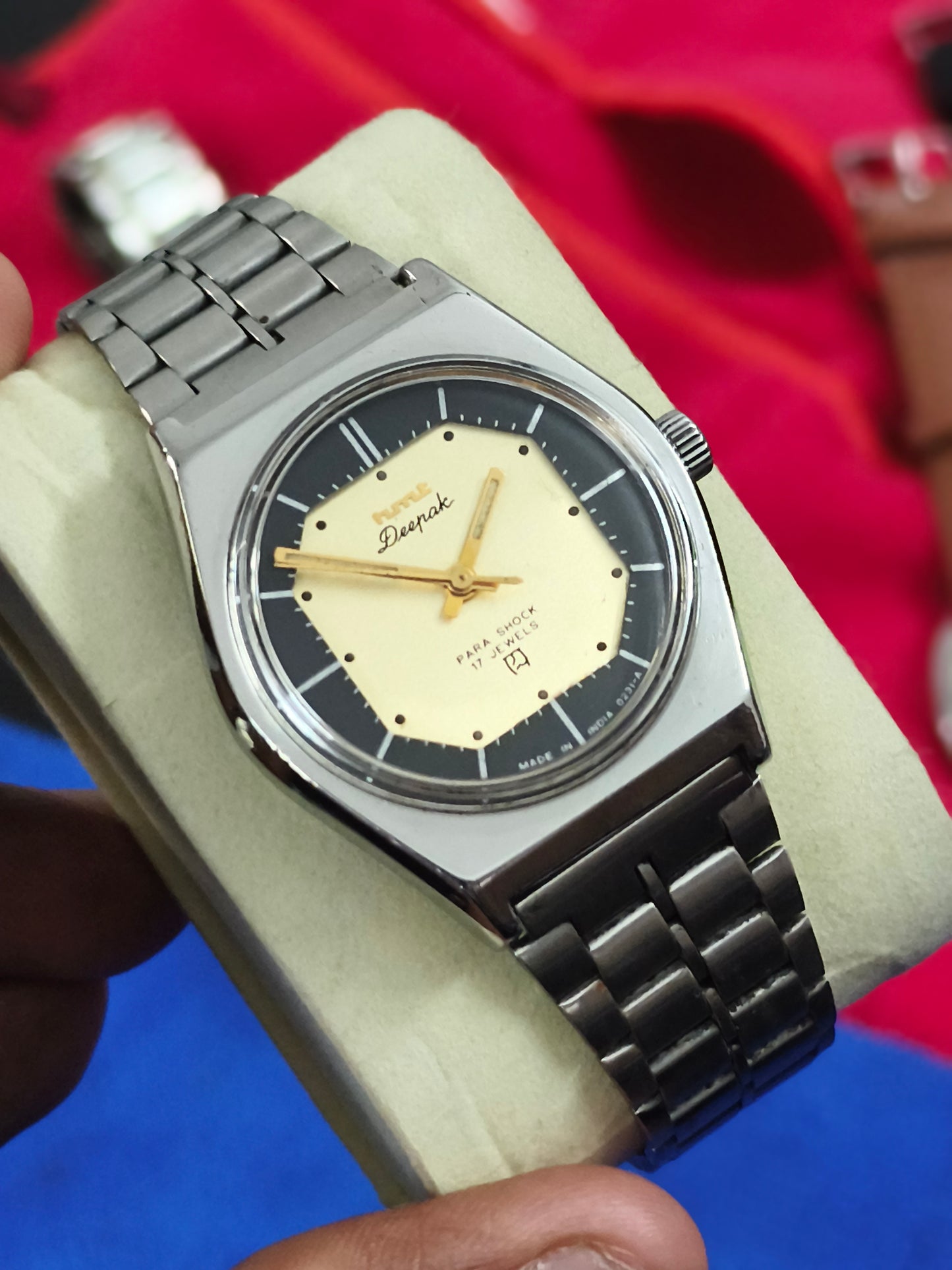 HMT Deepak Mechanical Hand-wound Watch with Two Tone Black and Gold Dial
