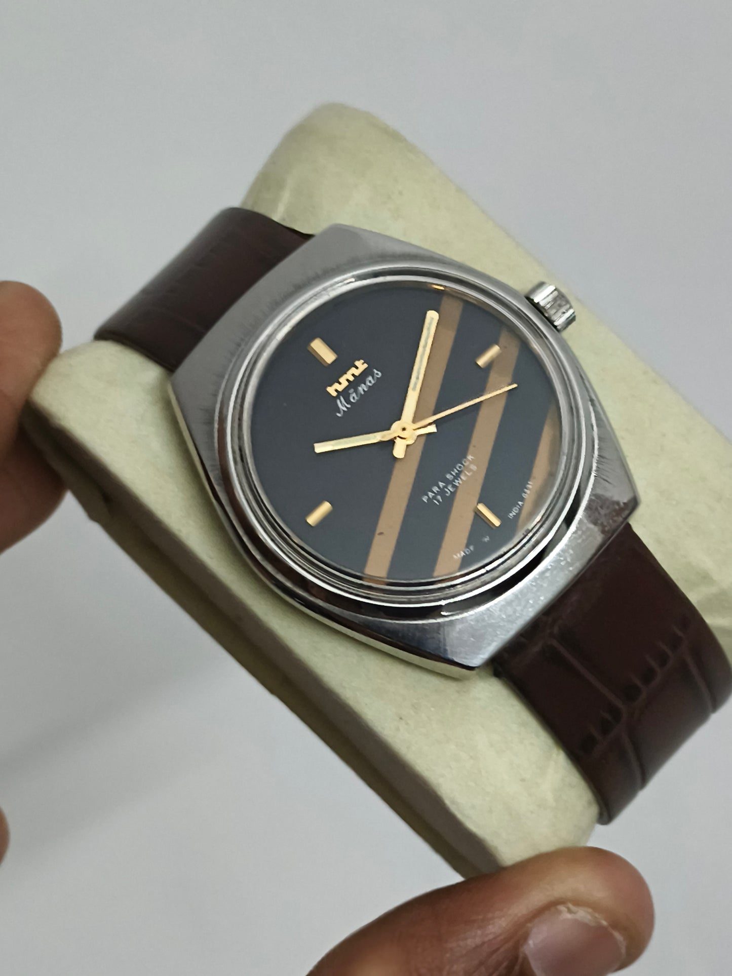 HMT Manas Hand-wound Watch, Black Dial with Golden Stripes