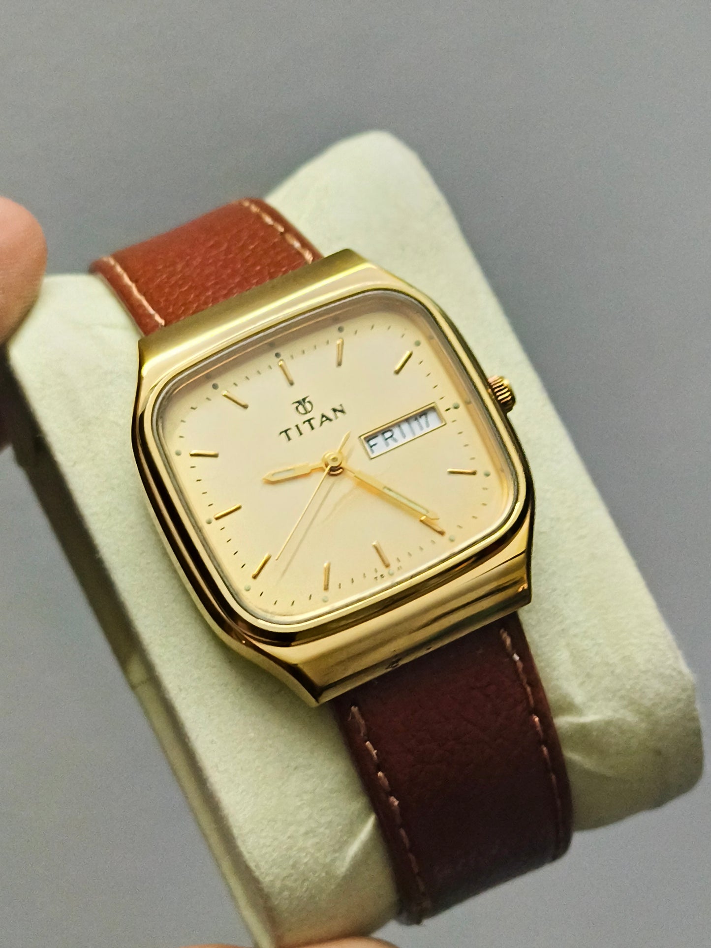 Titan Gold-toned Quartz Day Date Watch with a TV-shaped Case