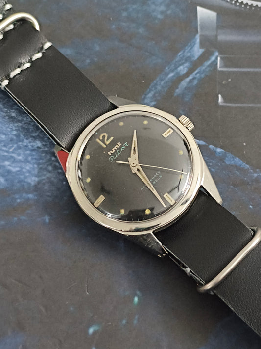 HMT Pilot “Three Liner” Mechanical Vintage Watch with a Black Dial and Black Leather NATO Strap