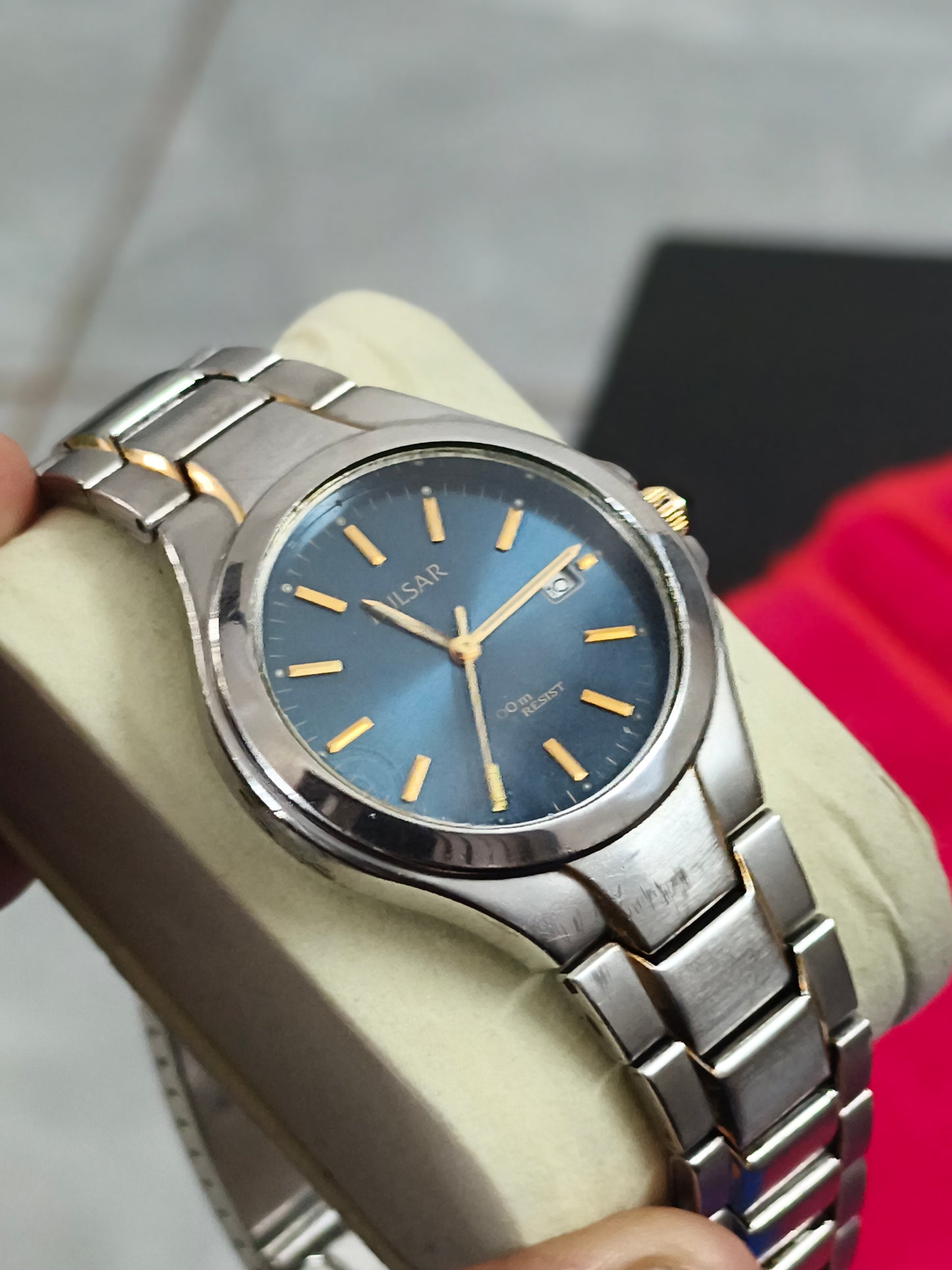 Pulsar Vintage Quartz Watch with a Blue Sunburst Dial