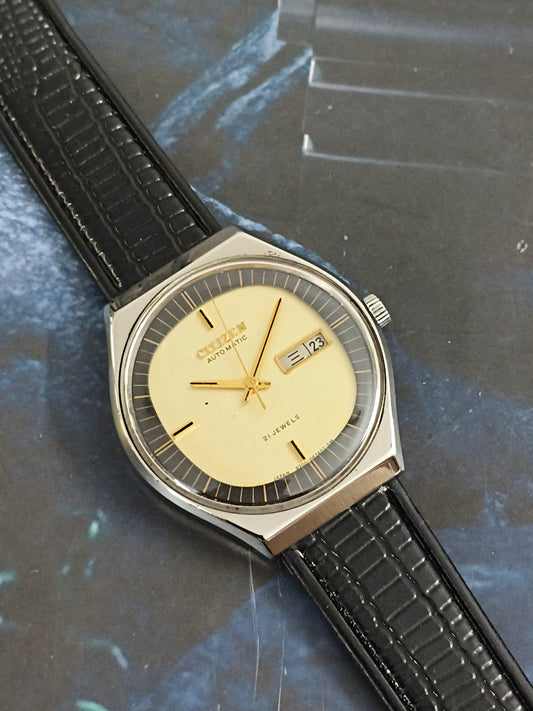 Citizen Vintage Automatic Day Date Watch with a Vertically Brushed Golden Dial