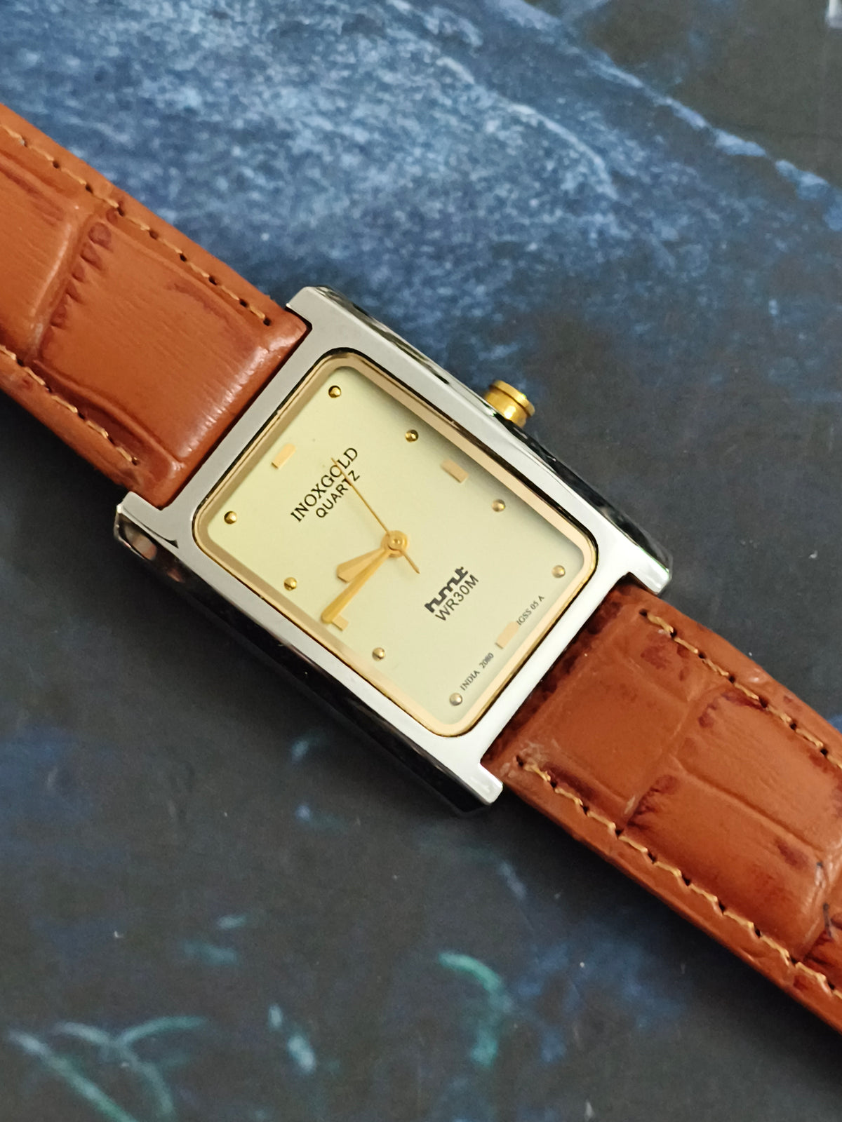 HMT INOX Quartz Tank Watch with a Champagne-toned Dial