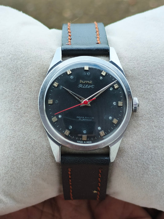 HMT Vintage Pilot Watch Rare Model with Black Dial and Metal Indexes