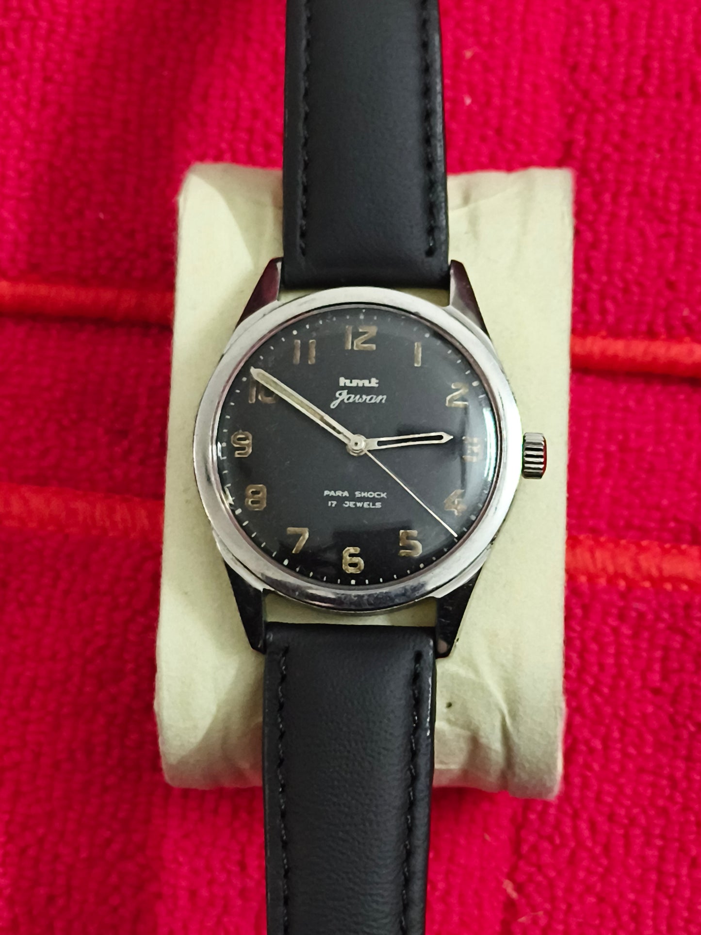 HMT Jawan Military Mechanical Vintage Watch with Black Dial and Broad Arrow Marking on the Case-back