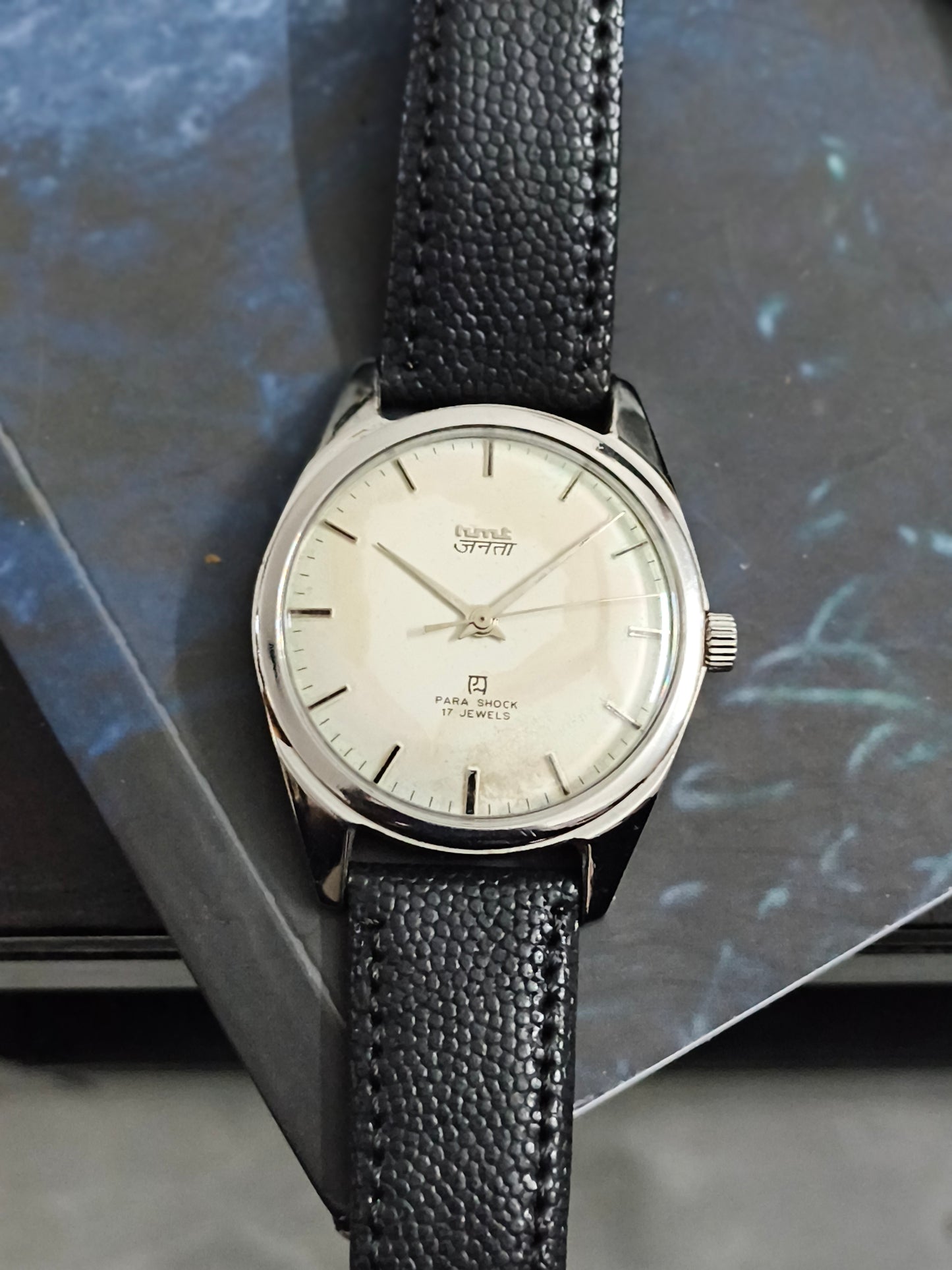 HMT Janata Vintage Mechanical Watch with Hindi Text on the White Patina Dial