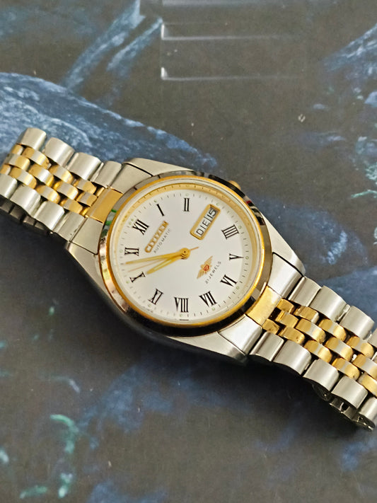 Citizen Automatic Day Date Dual Toned Watch with a White Dial Featuring Roman Numerals (Rare)