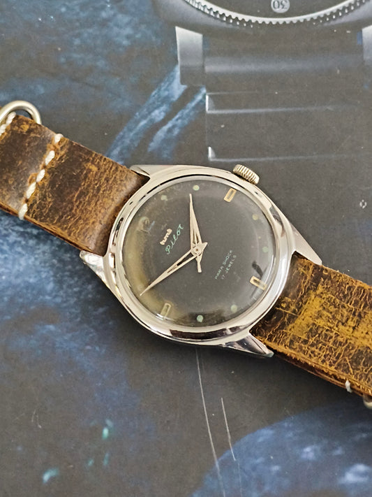 HMT Pilot “Three Liner” Hand-wound Vintage Watch with a Black Dial and Nato Leather Strap