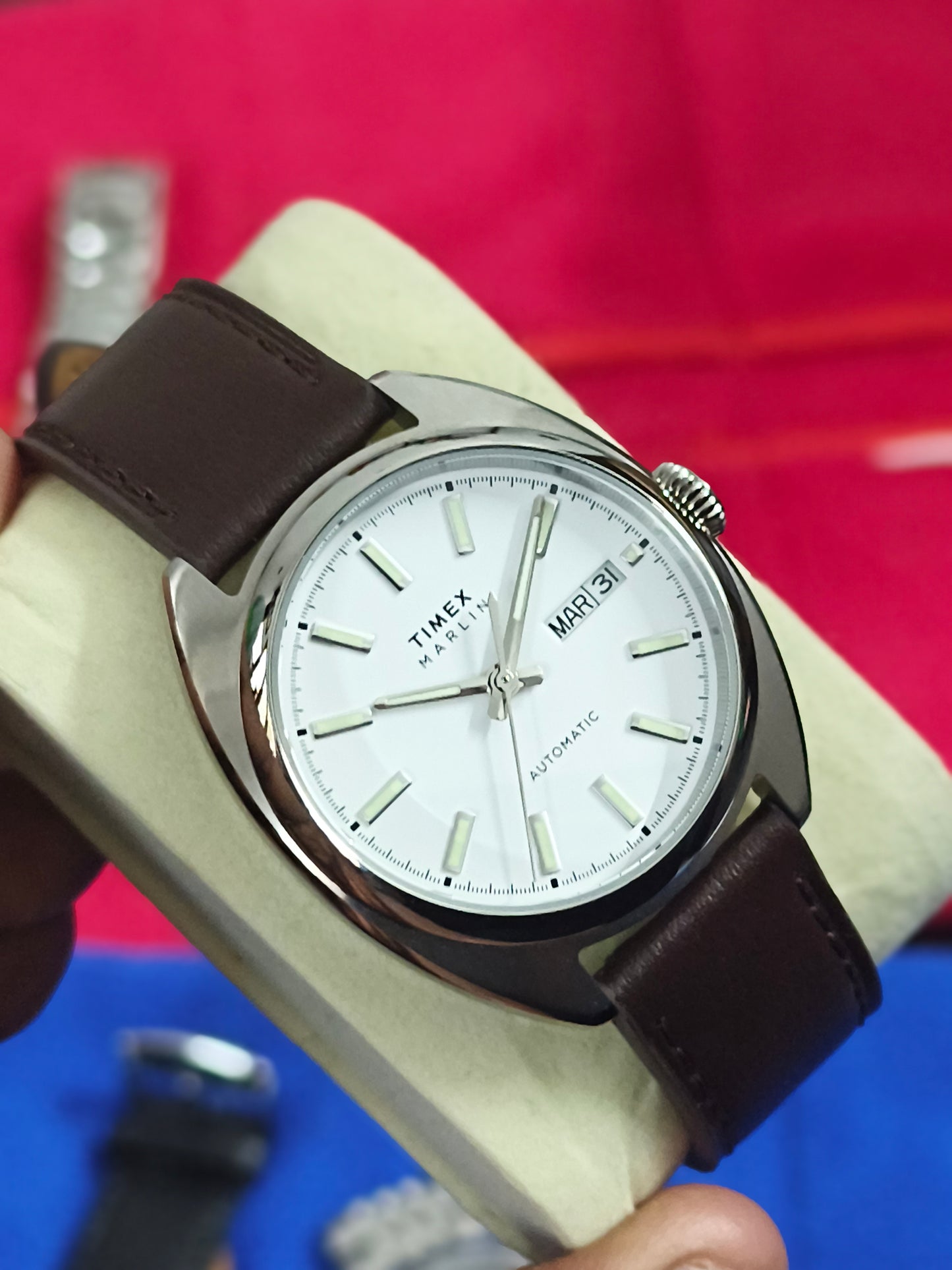 Timex Marlin Automatic Watch with Tonneau Shaped Case and Silver Dial