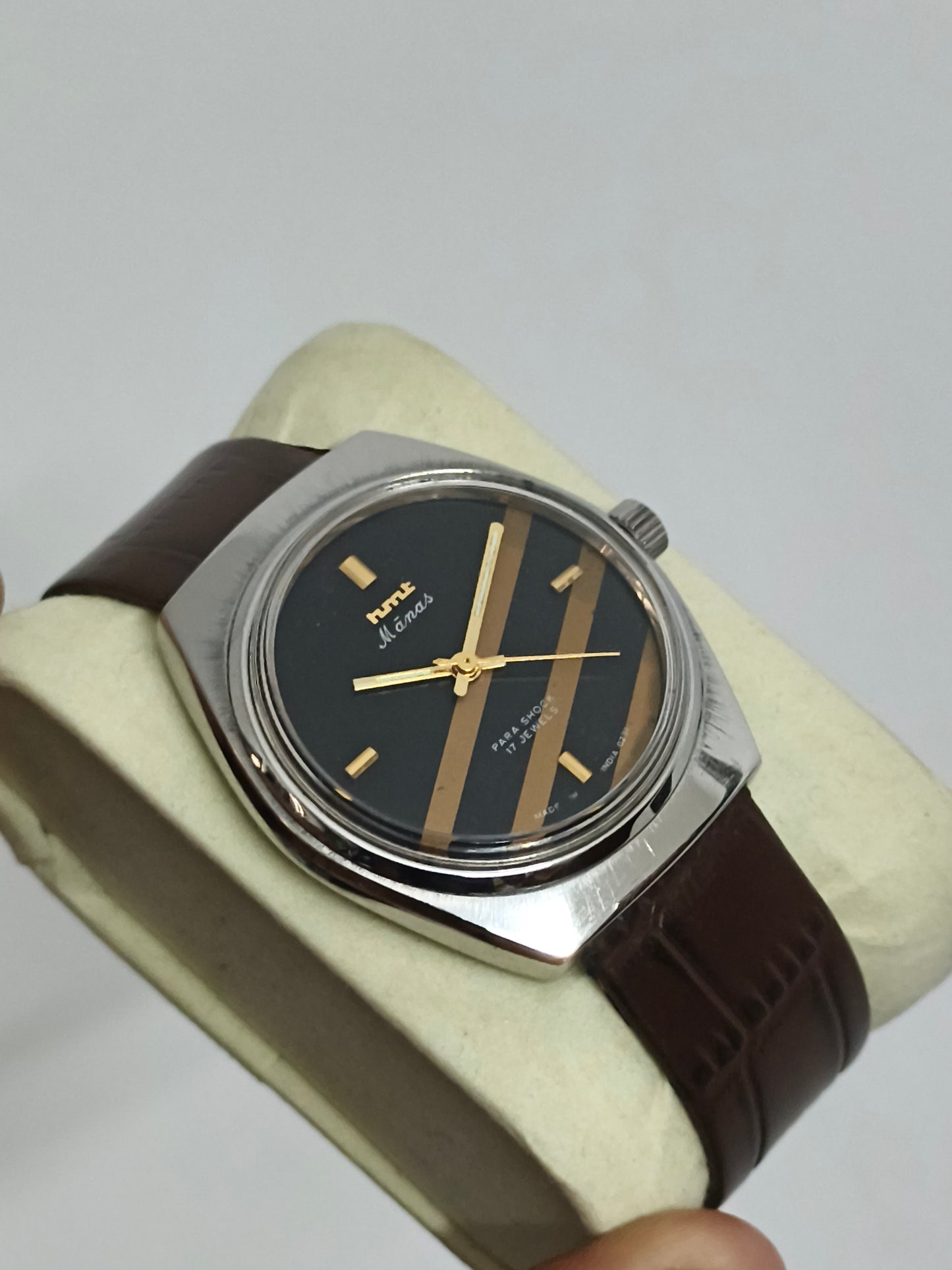 HMT Manas Hand-wound Watch, Black Dial with Golden Stripes