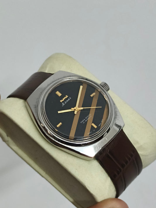 HMT Manas Hand-wound Watch, Black Dial with Golden Stripes
