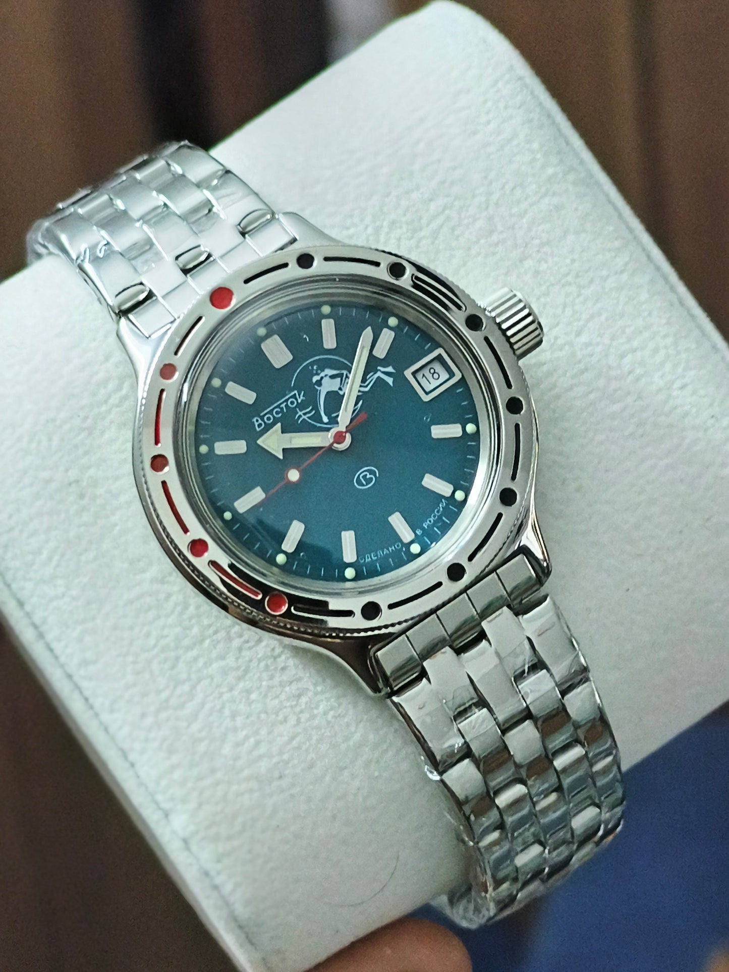 VOSTOK Amphibia 420059 Scuba Dude Automatic Diving Watch with Blue Dial and Steel Bracelet