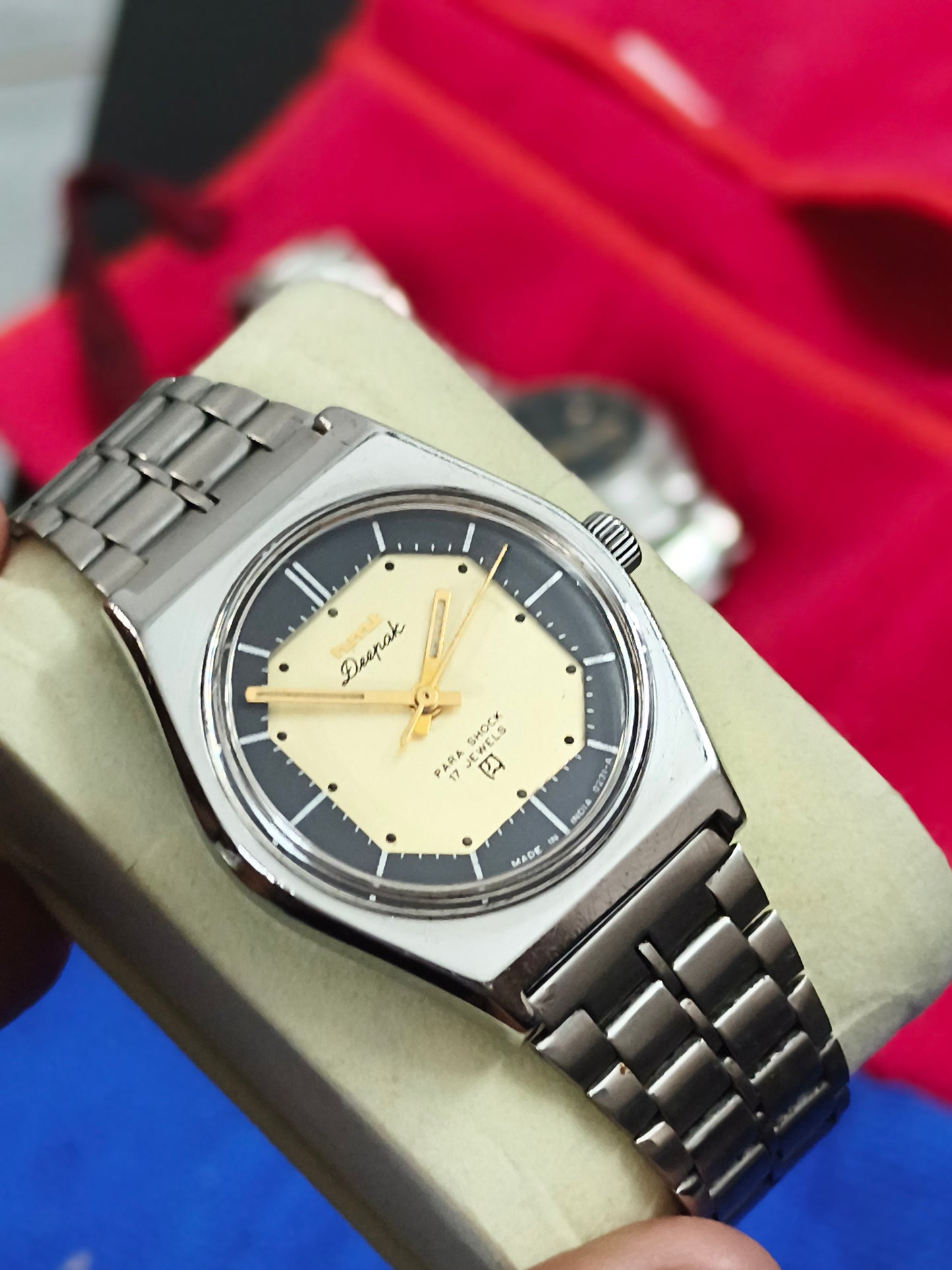 HMT Deepak Mechanical Hand-wound Watch with Two Tone Black and Gold Dial