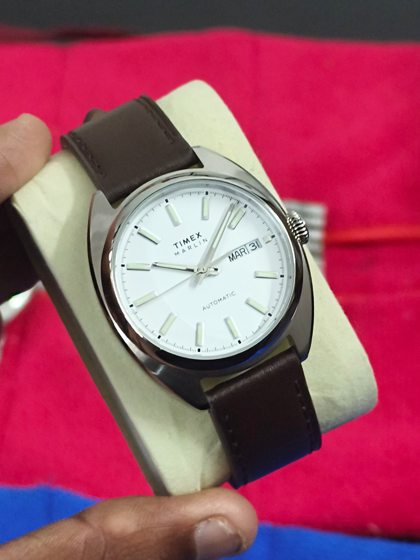 Timex Marlin Automatic Watch with Tonneau Shaped Case and Silver Dial