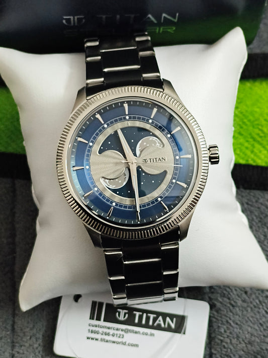 Titan Stellar Dual Moon Phase Quartz Watch with a Blue Star-studded Dial