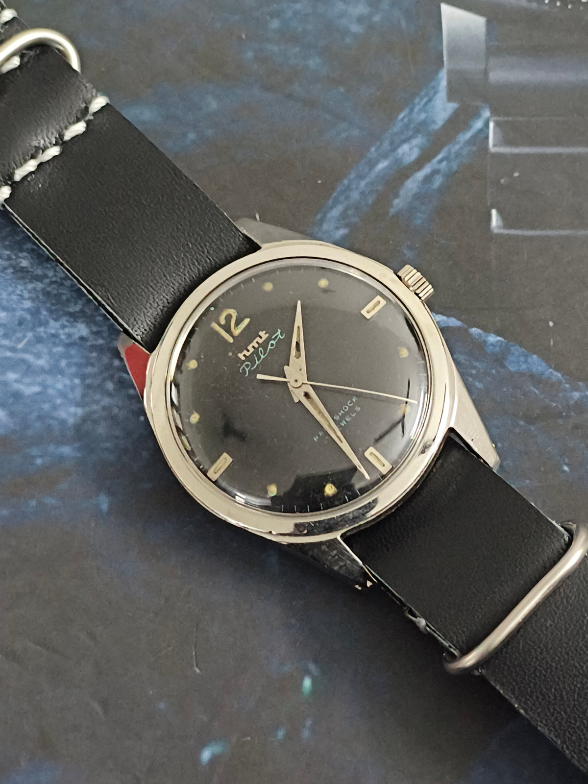 HMT Pilot “Three Liner” Mechanical Vintage Watch with a Black Dial and Black Leather NATO Strap