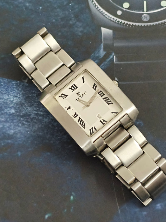 Titan “Tank” Quartz Watch with a Silver-white Chemin de fer Dial