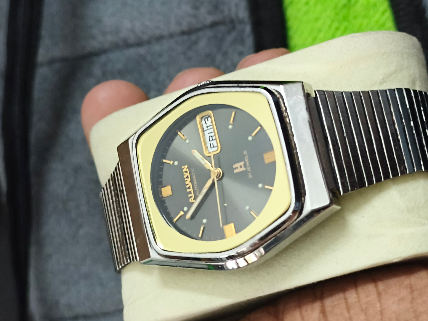 Allwyn Automatic Vintage Day Date Watch with Black Dial and Golden Indexes
