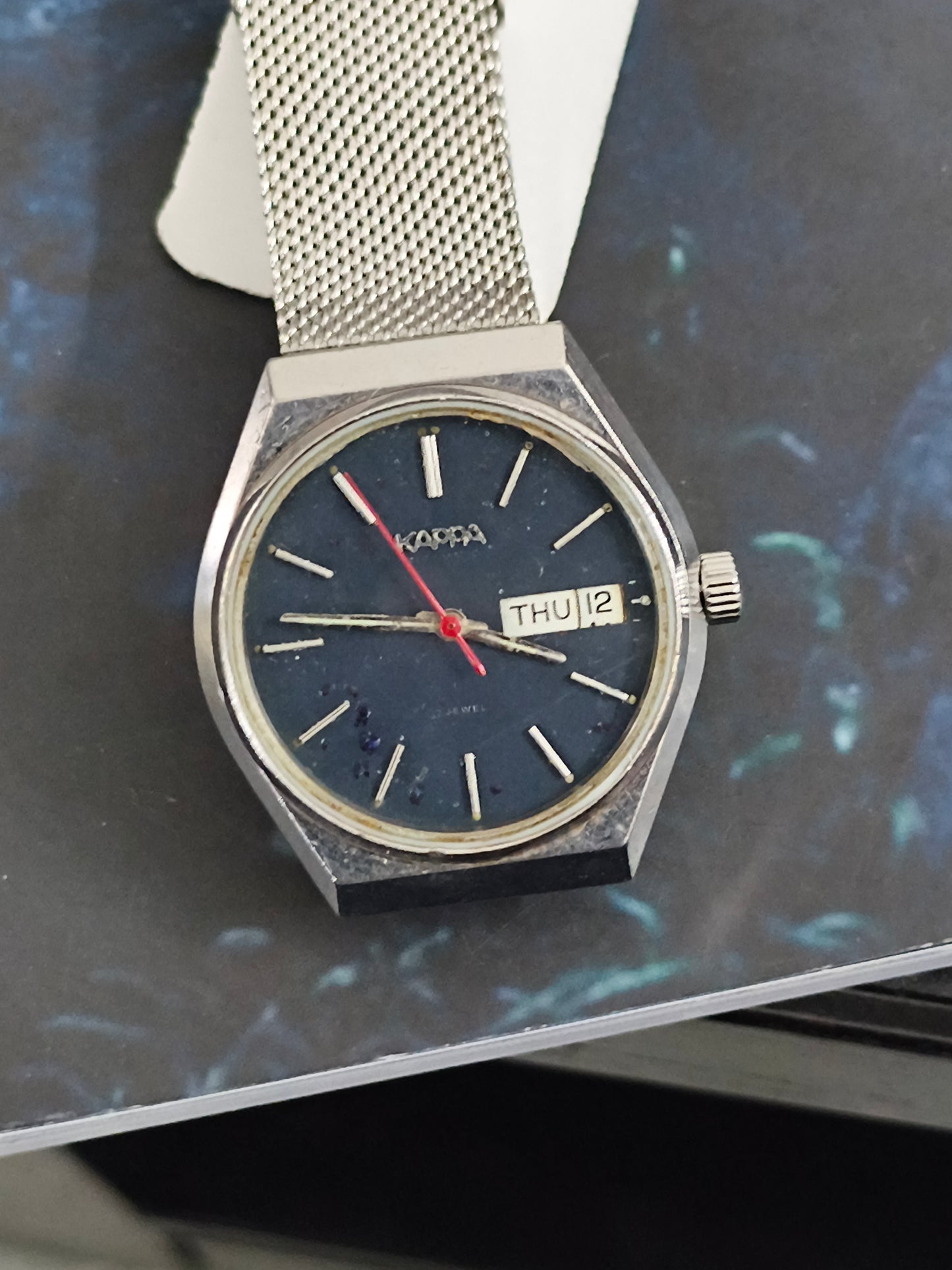 Kappa Vintage Automatic Day Date Watch with a Matte Blue Dial and Mesh Bracelet