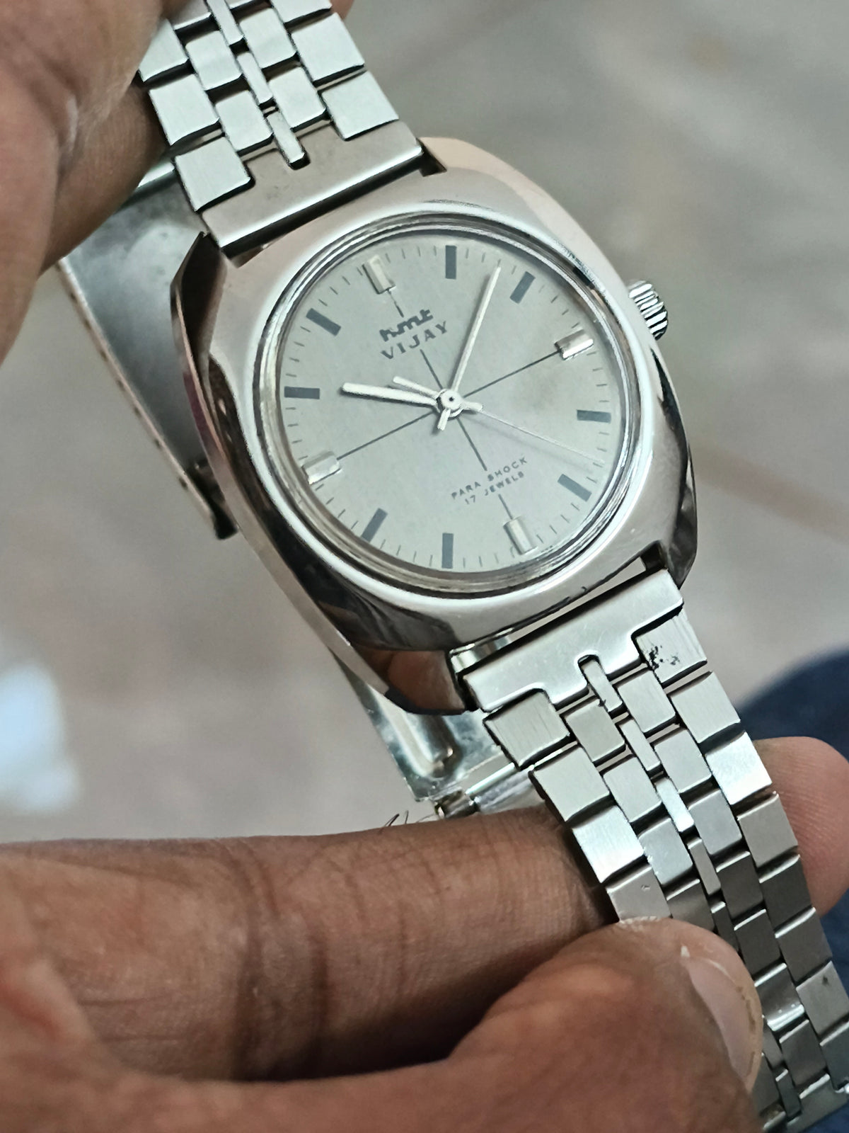 HMT Vijay Mechanical Vintage Watch, Silver-toned Dial Version with Vertical Brushed Finish and Crossline Pattern