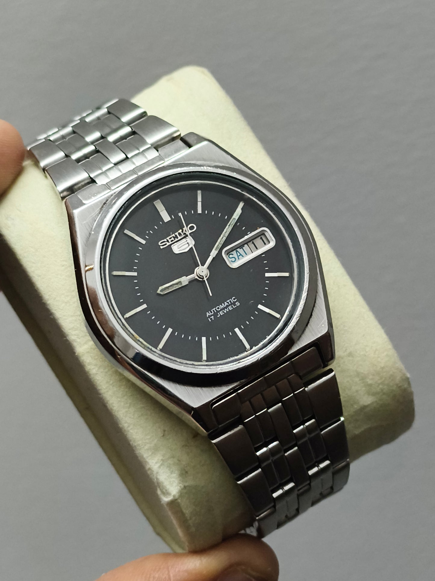 Seiko 5 Automatic Day Date Watch with Black Dial and Steel Indices