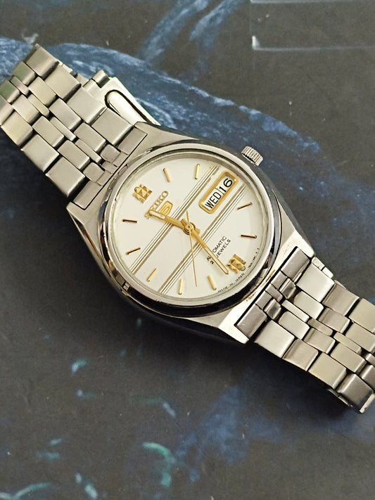 Seiko 5 Automatic Vintage Watch with a Two-tone (White & Silver) Dial with Horizontal Stripe Design