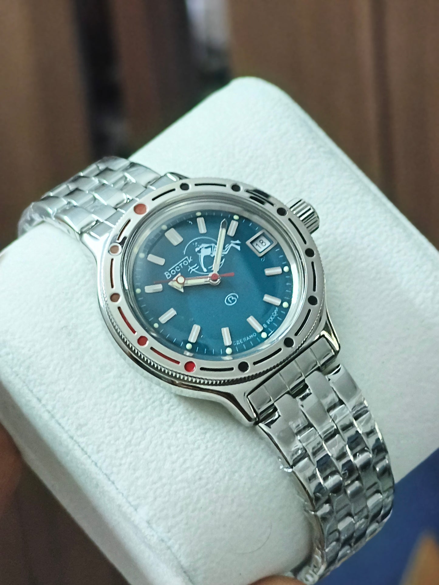 VOSTOK Amphibia 420059 Scuba Dude Automatic Diving Watch with Blue Dial and Steel Bracelet