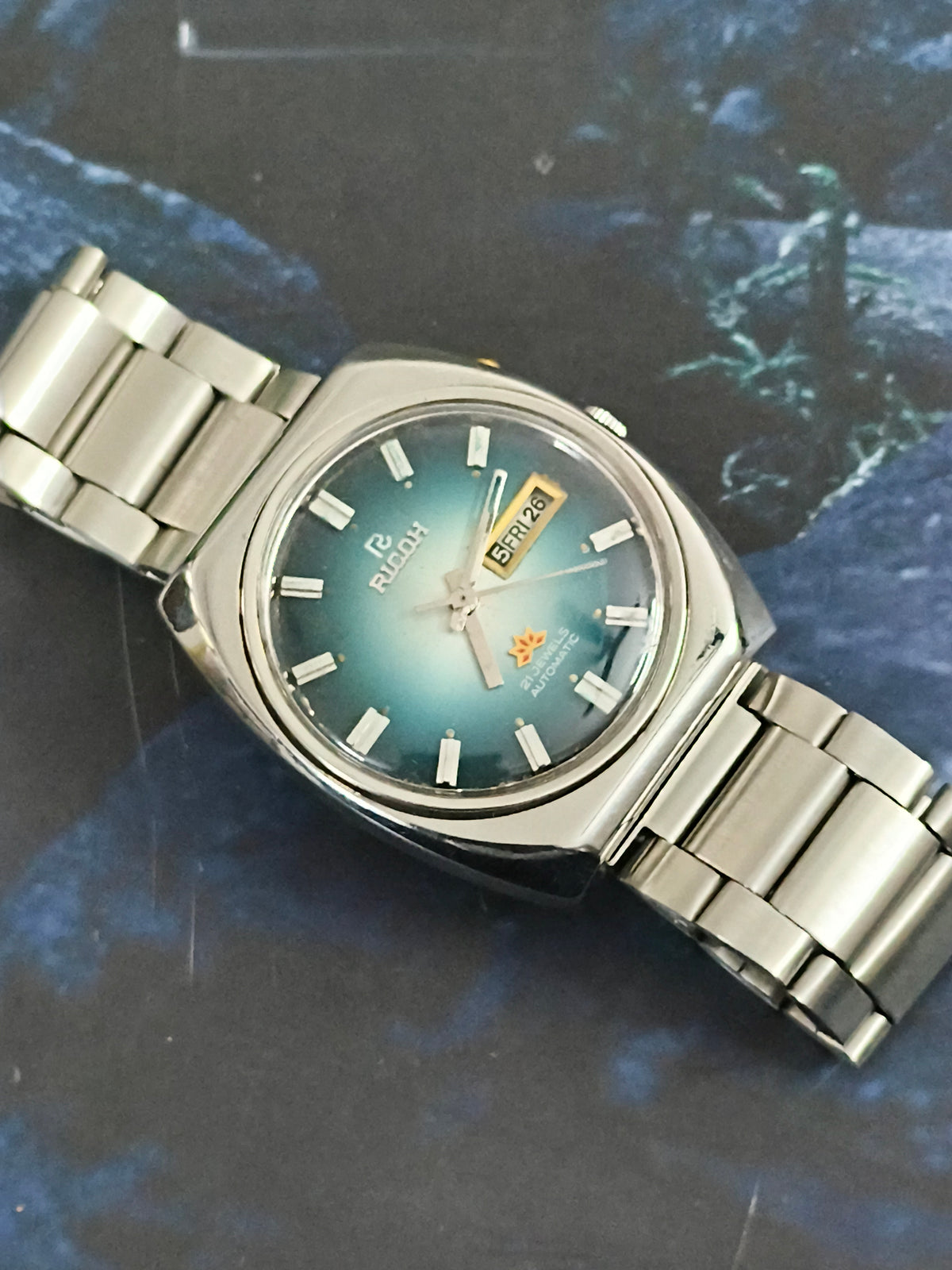 Ricoh Automatic Day Date Vintage Watch with a Blue Gradient Dial
